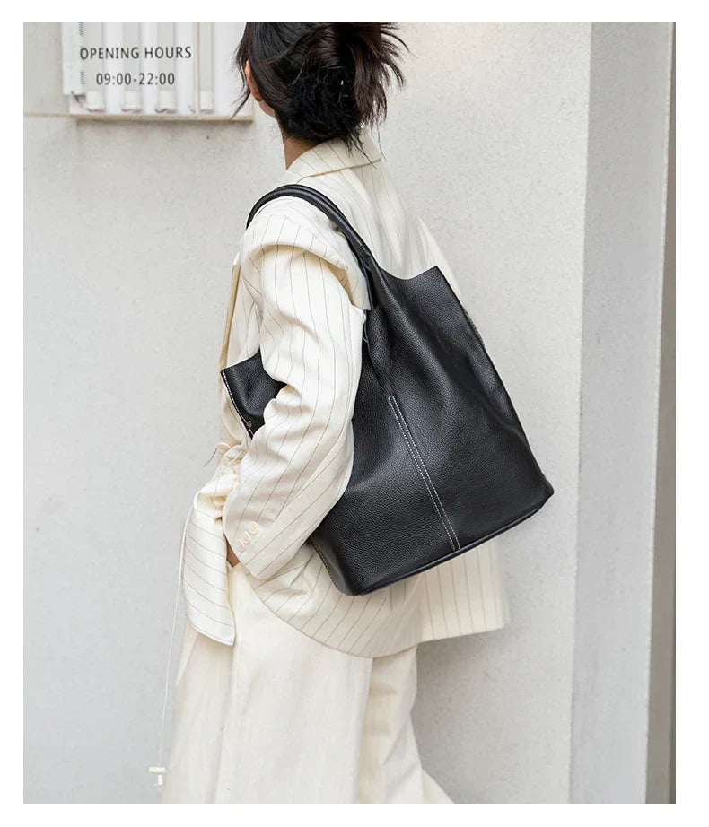 Arnika – Elegant Light Blue Bucket Bag with a Premium Leather Finish