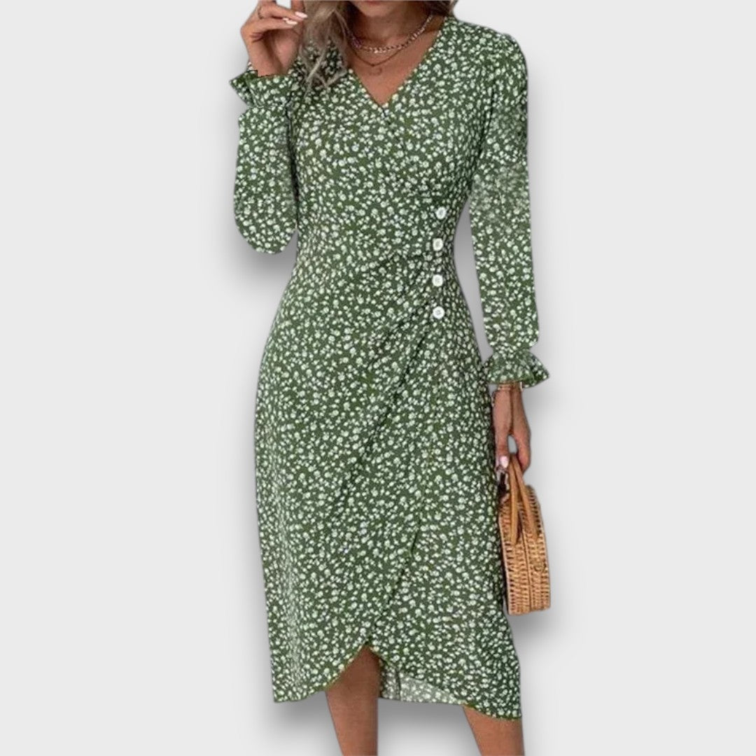 Miralie – Feminine patterned wrap dress with button details