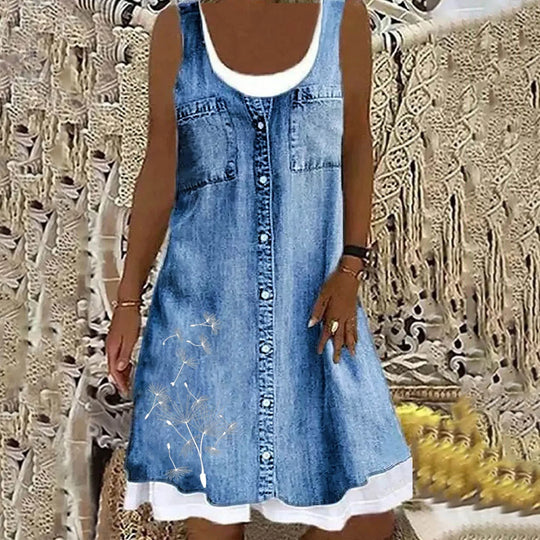 Florenya – Sleeveless Floral Print Denim Dress for Women