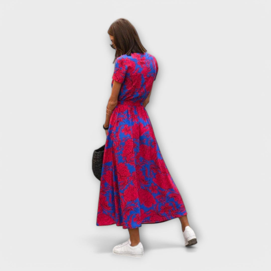 Yelina – Midi Dress with Wrap Look and Floral Energy