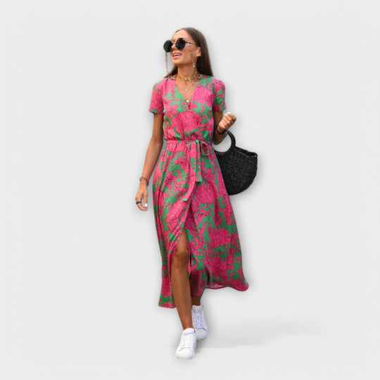 Yelina – Midi Dress with Wrap Look and Floral Energy