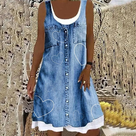 Florenya – Sleeveless Floral Print Denim Dress for Women