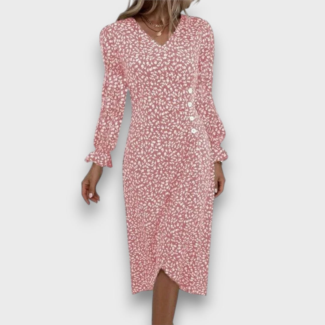 Miralie – Feminine patterned wrap dress with button details