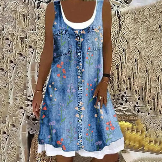 Florenya – Sleeveless Floral Print Denim Dress for Women
