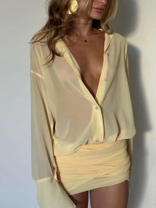 Lean – Satin Blouse & Ruched Mini Skirt Set for Women