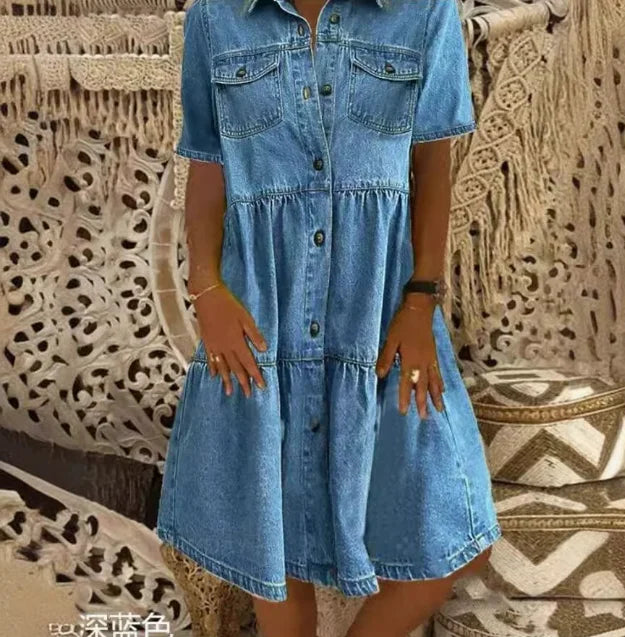 Alvarie – Tiered Button-Down Denim Dress for Women