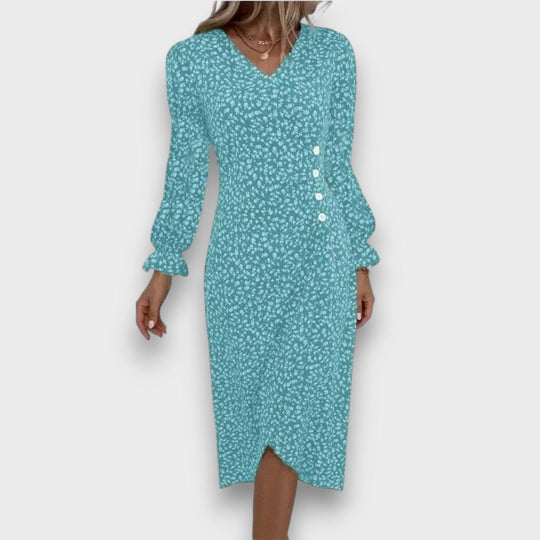 Miralie – Feminine patterned wrap dress with button details