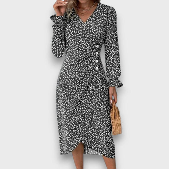 Miralie – Feminine patterned wrap dress with button details