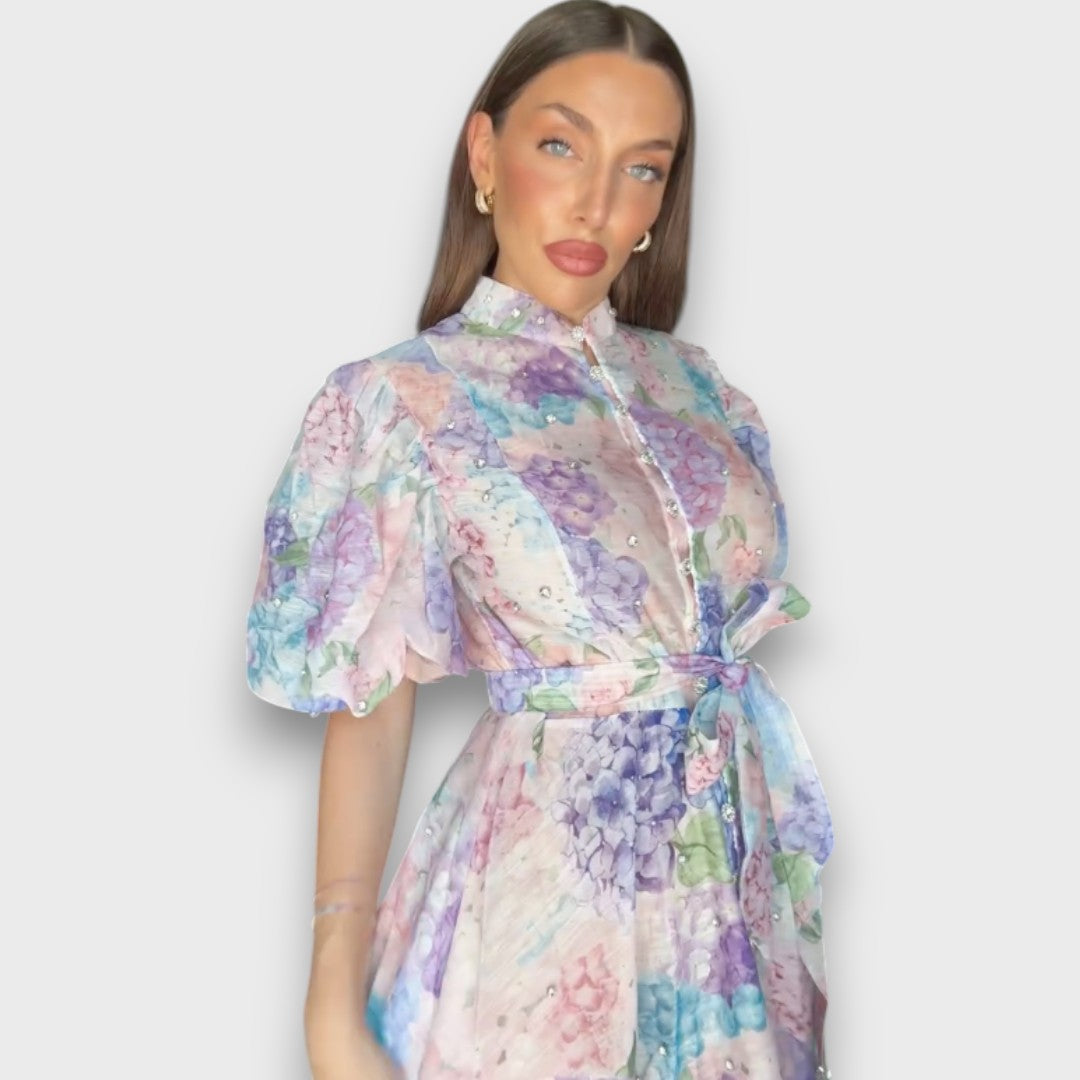 Celindra – Maxi Dress with Floral Texture and Tie Belt