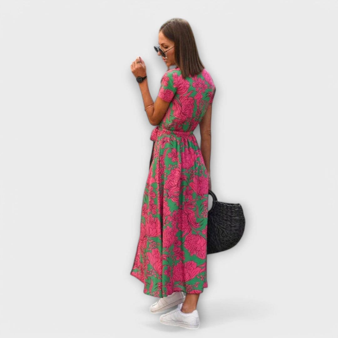 Yelina – Midi Dress with Wrap Look and Floral Energy