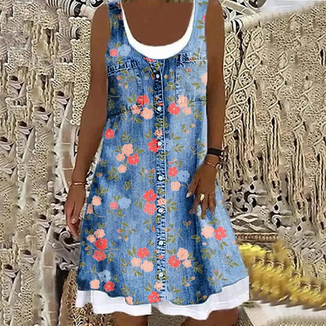 Florenya – Sleeveless Floral Print Denim Dress for Women