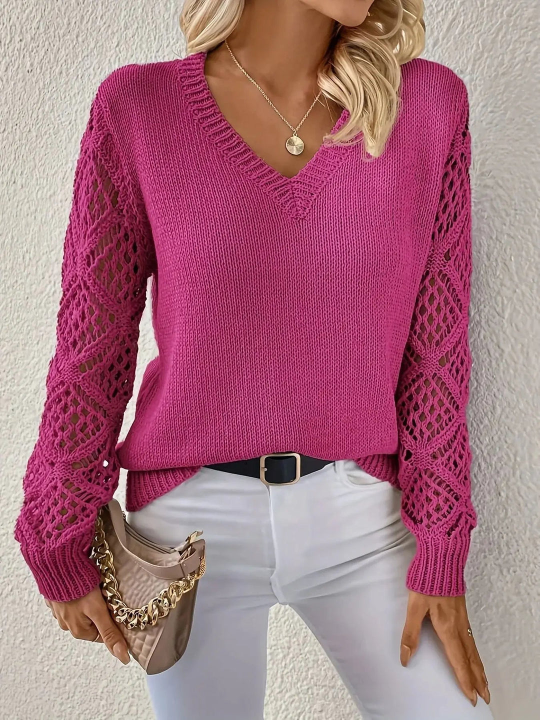 Yvonne – Knit Sweater with Lace-Detail Sleeves for Women