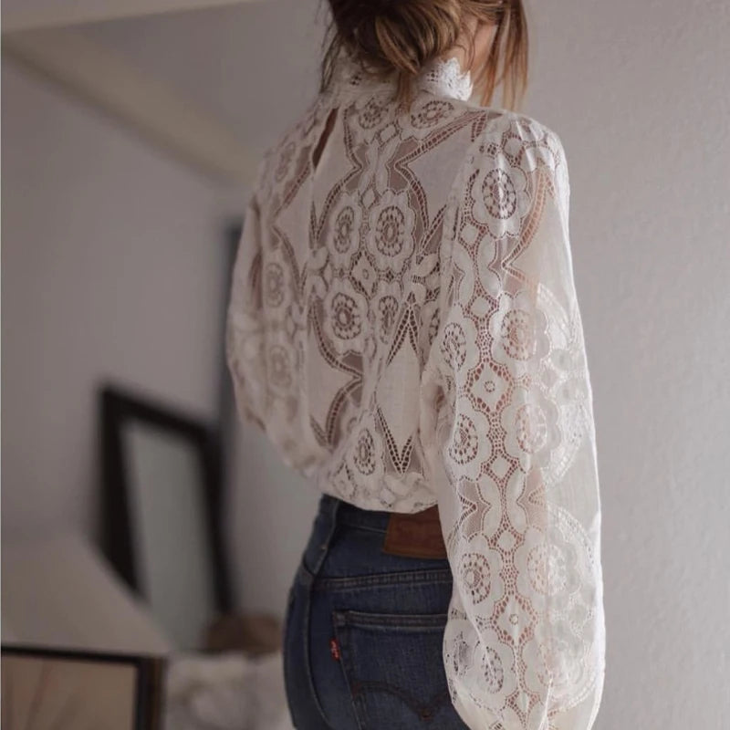 Elisette | High Collar Vintage Lace Tunic Blouse