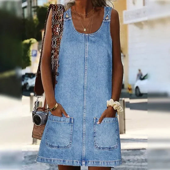Danvera – Sleeveless Zip-Front Denim Shift Dress for Women