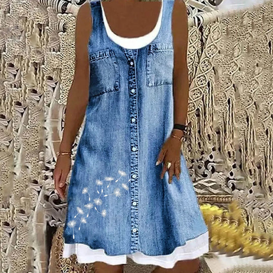 Florenya – Sleeveless Floral Print Denim Dress for Women