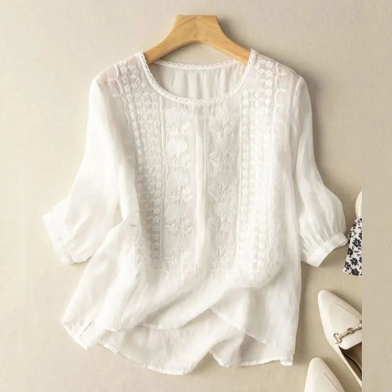 Quinn – Embroidered Linen-Blend Blouse for Women