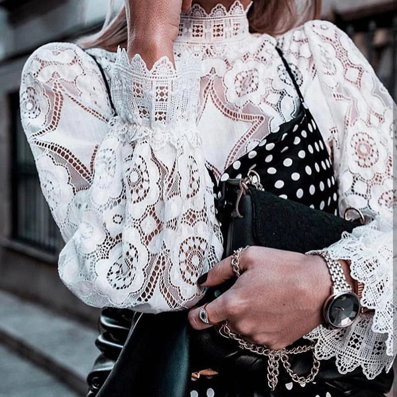 Elisette | High Collar Vintage Lace Tunic Blouse