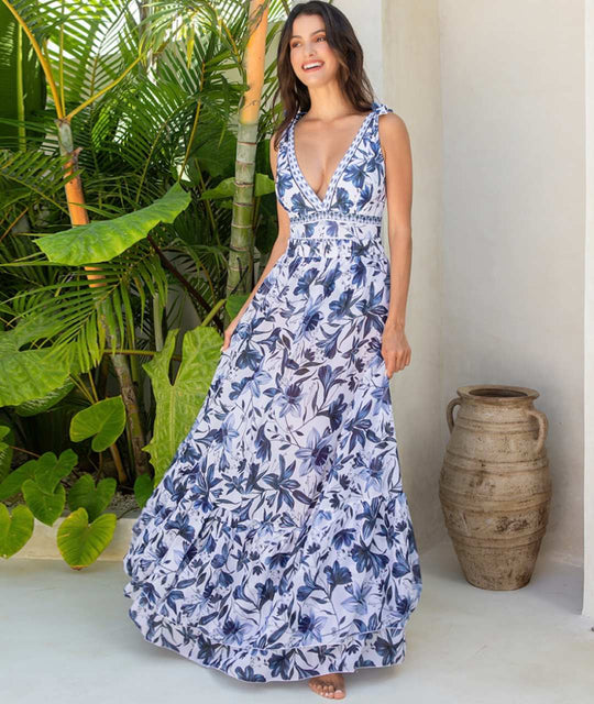 Isola – Blue Porcelain Ruffle Swimsuit & Wrap Skirt Set for Women