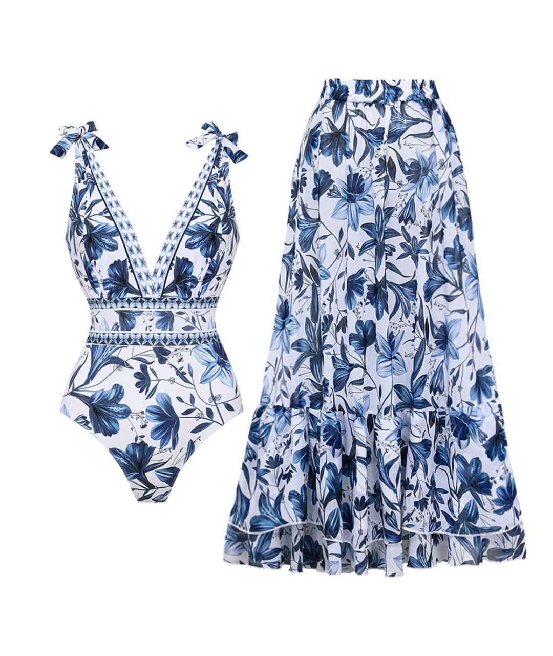 Isola – Blue Porcelain Ruffle Swimsuit & Wrap Skirt Set for Women