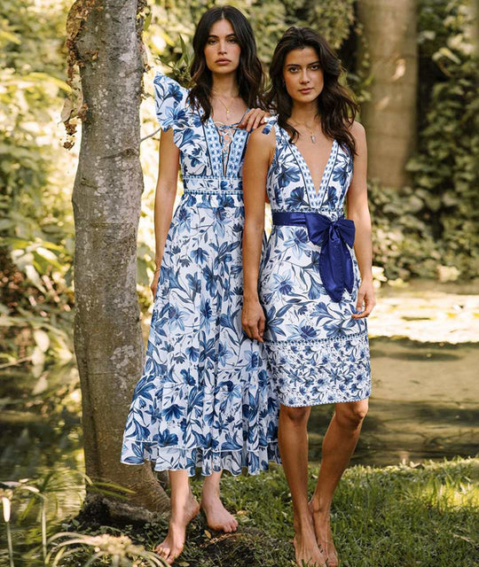 Isola – Blue Porcelain Ruffle Swimsuit & Wrap Skirt Set for Women