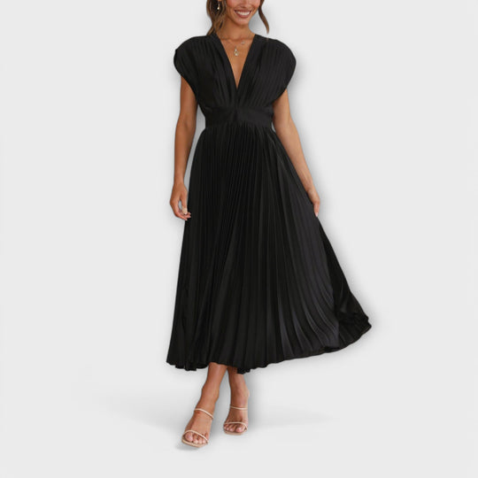 Celestine – Pleated Midi Dress with V-Neck