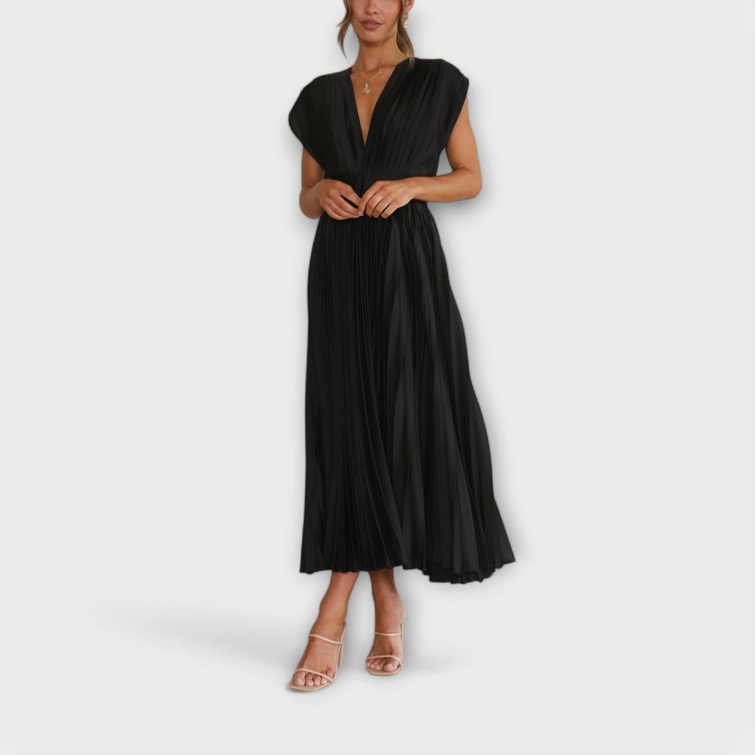 Celestine – Pleated Midi Dress with V-Neck