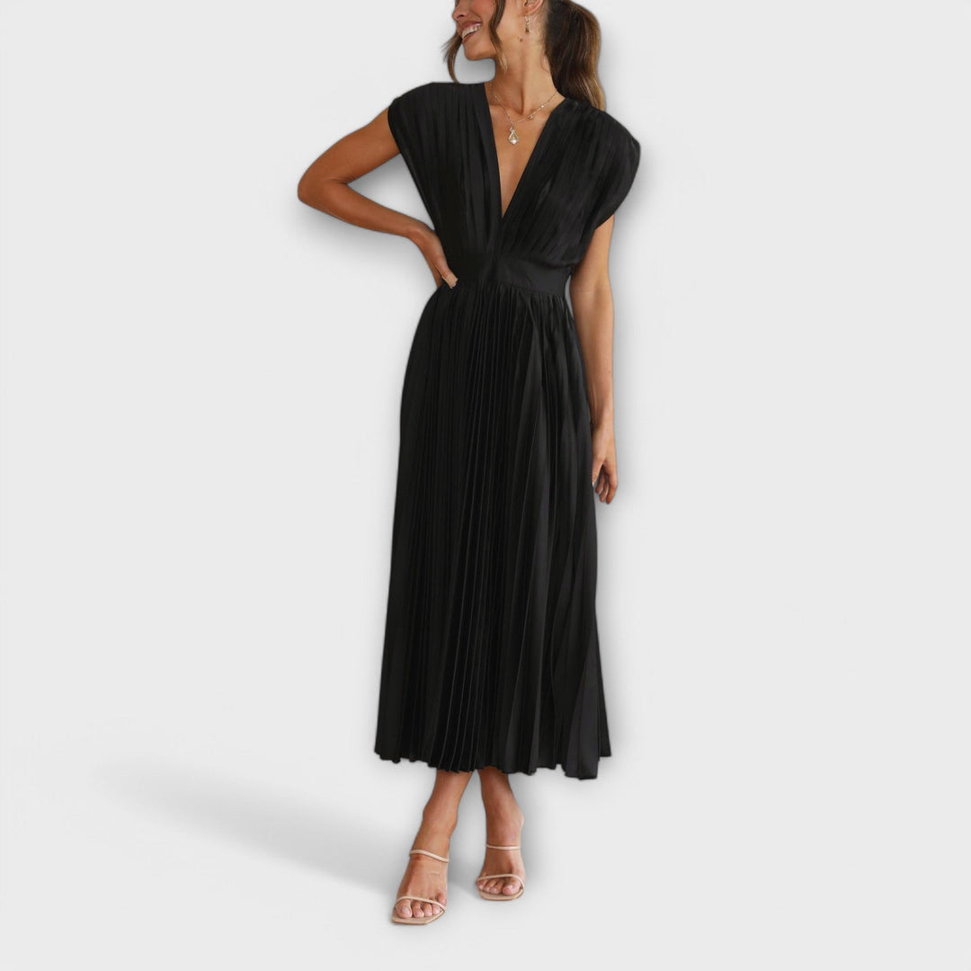 Celestine – Pleated Midi Dress with V-Neck