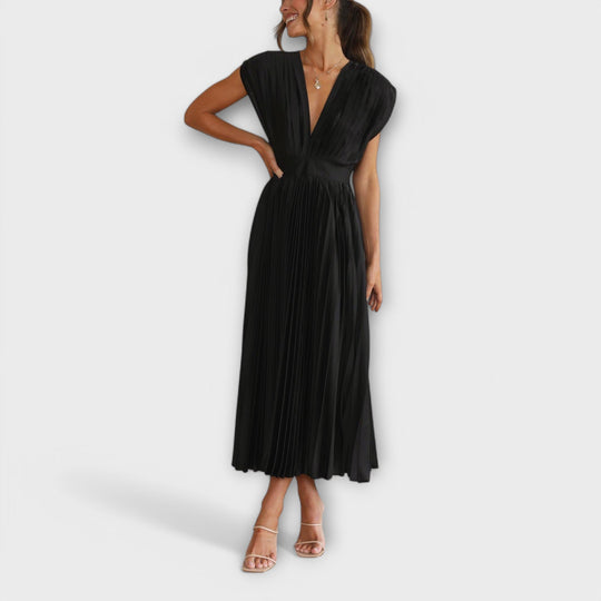 Celestine – Pleated Midi Dress with V-Neck