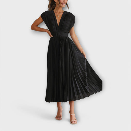 Celestine – Pleated Midi Dress with V-Neck