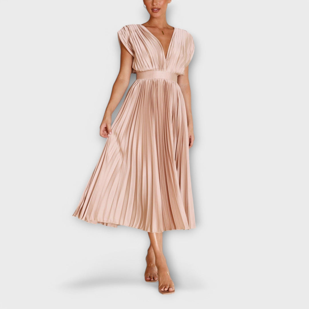 Celestine – Pleated Midi Dress with V-Neck
