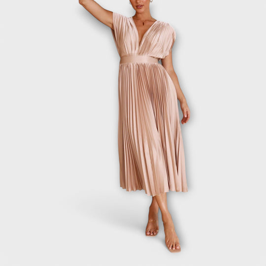 Celestine – Pleated Midi Dress with V-Neck