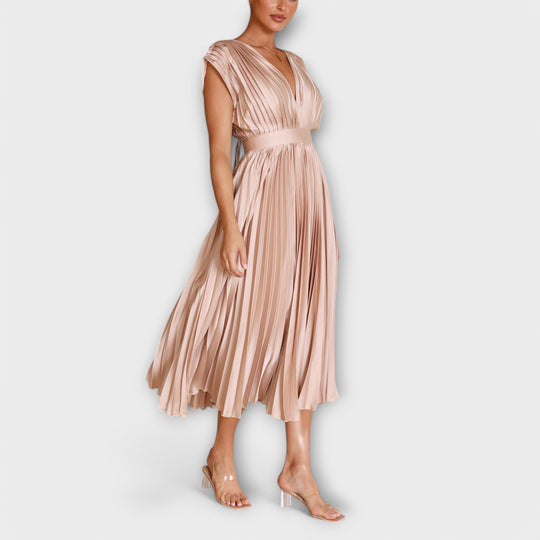 Celestine – Pleated Midi Dress with V-Neck