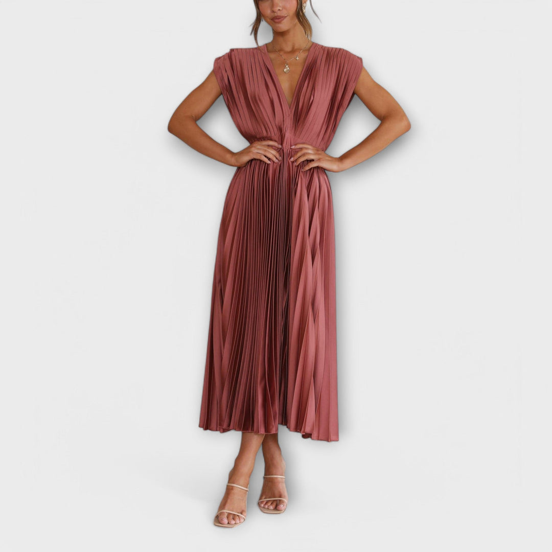 Celestine – Pleated Midi Dress with V-Neck