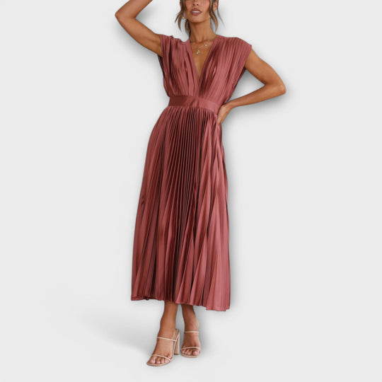 Celestine – Pleated Midi Dress with V-Neck