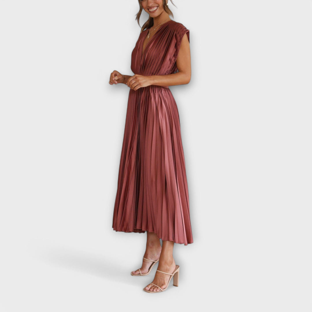 Celestine – Pleated Midi Dress with V-Neck