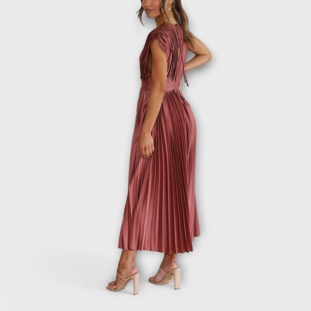 Celestine – Pleated Midi Dress with V-Neck