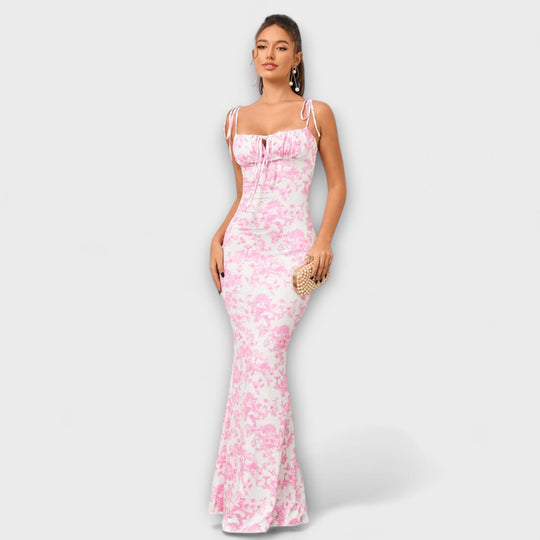 Thalia - Floral Print Prom Dress with Tied Shoulder Straps