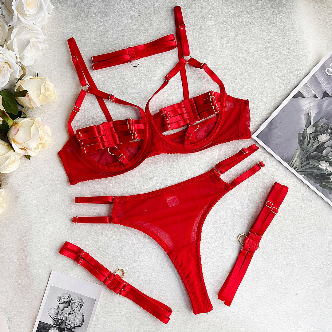 Nyrella – 4-Piece Strappy Satin Lingerie Set for Women