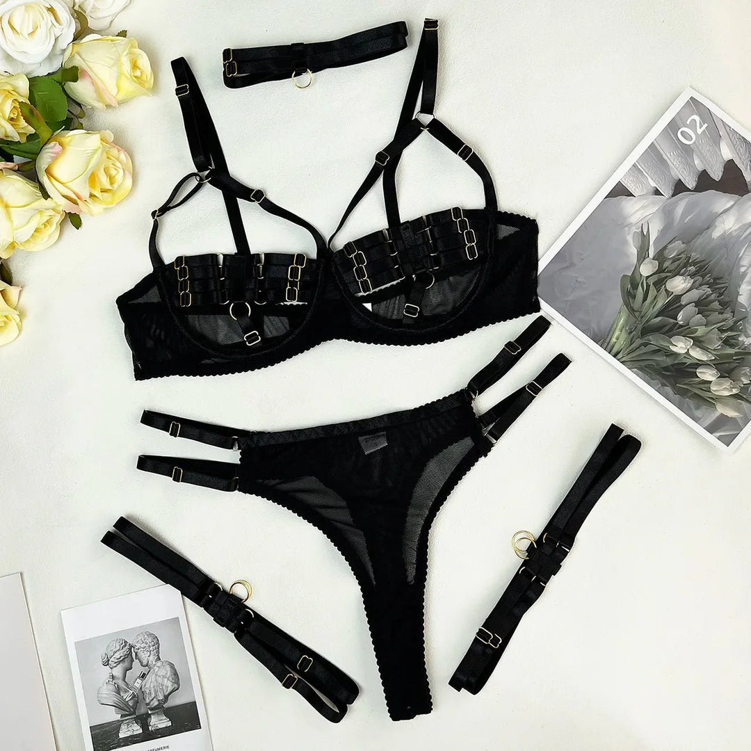 Nyrella – 4-Piece Strappy Satin Lingerie Set for Women