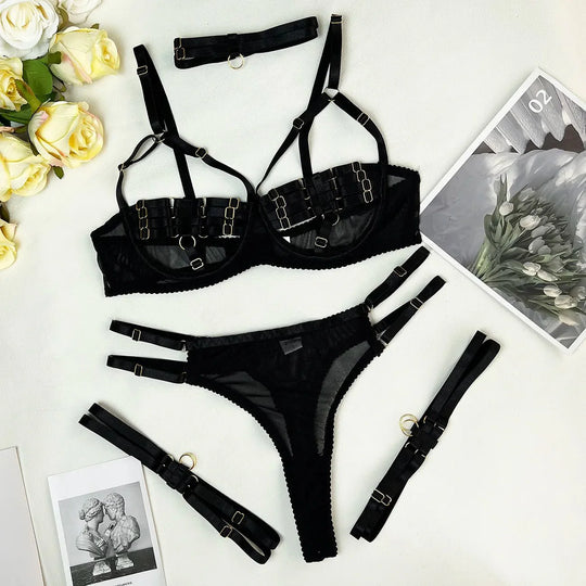 Nyrella – 4-Piece Strappy Satin Lingerie Set for Women