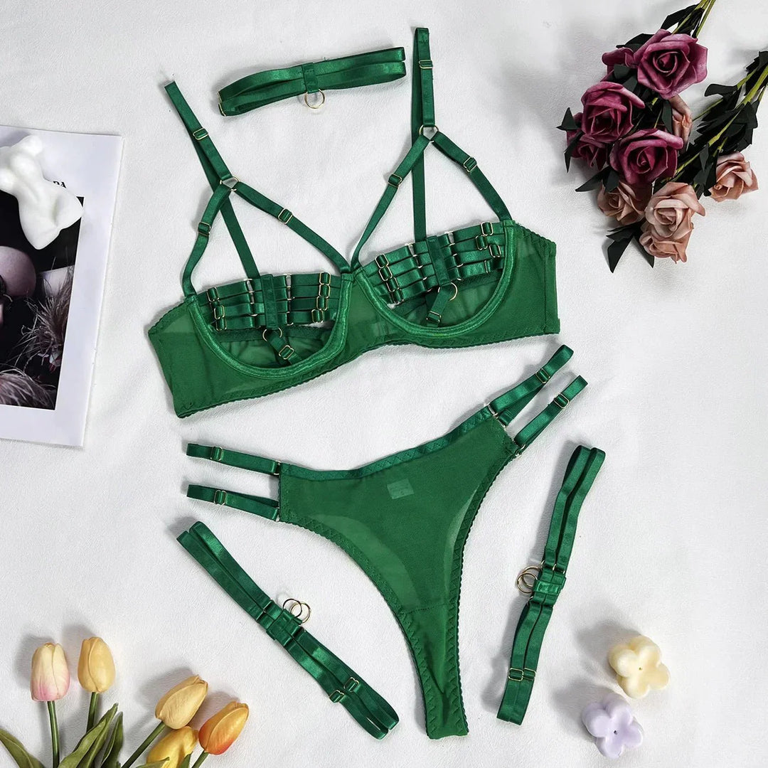 Nyrella – 4-Piece Strappy Satin Lingerie Set for Women