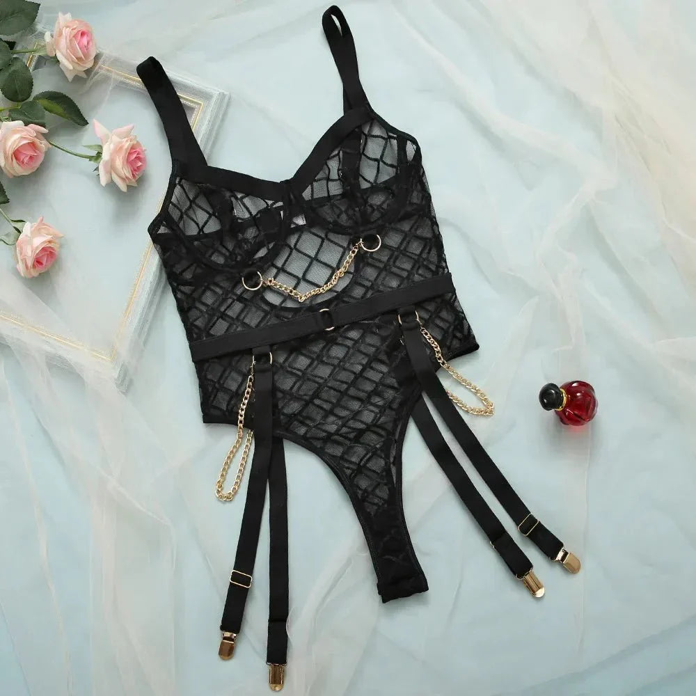 Elantra – Luxe Mesh Chain-Detail Bodysuit for Women