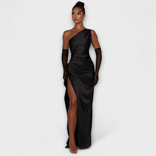 Serina – Asymmetrical Maxi Dress with Satin Sheen