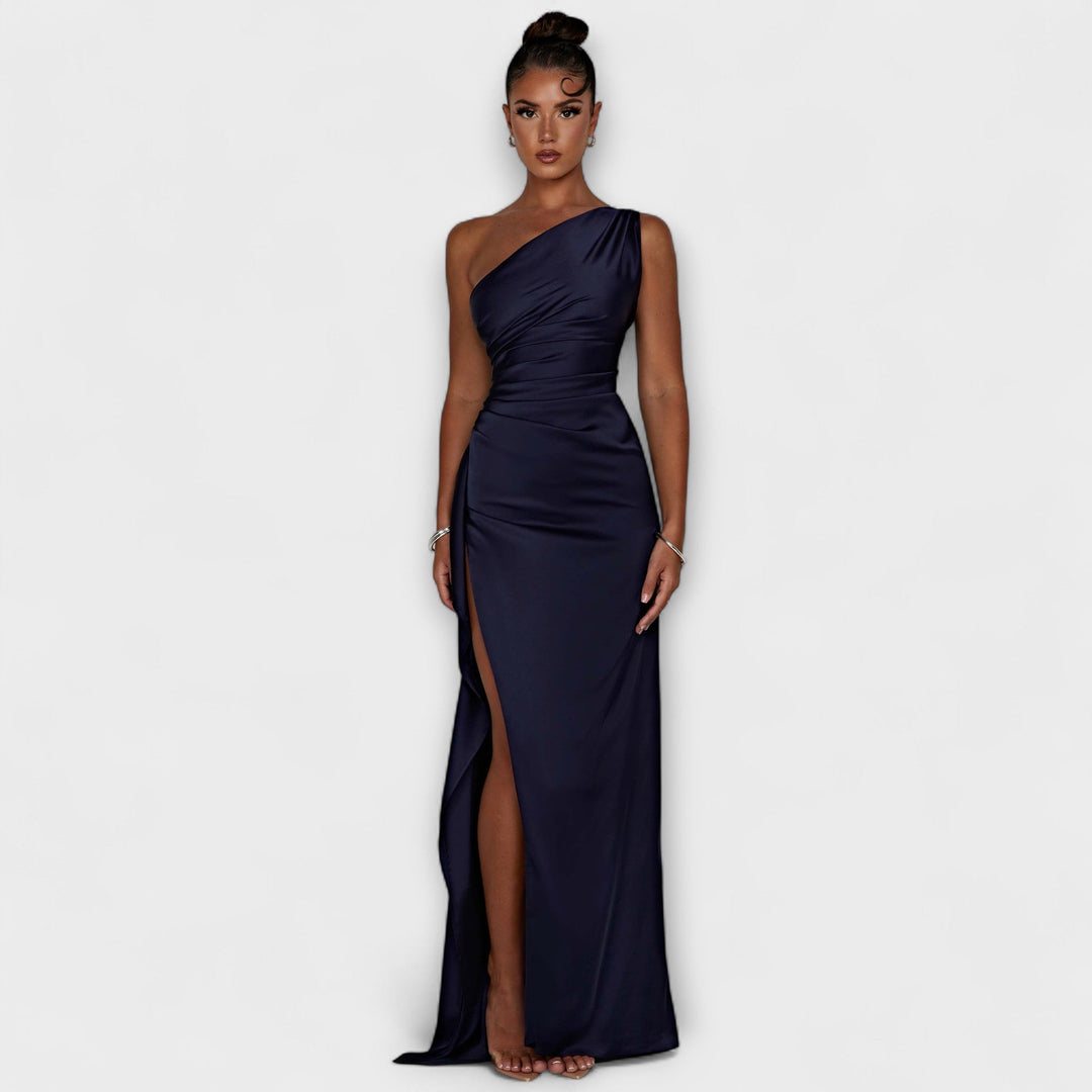 Serina – Asymmetrical Maxi Dress with Satin Sheen