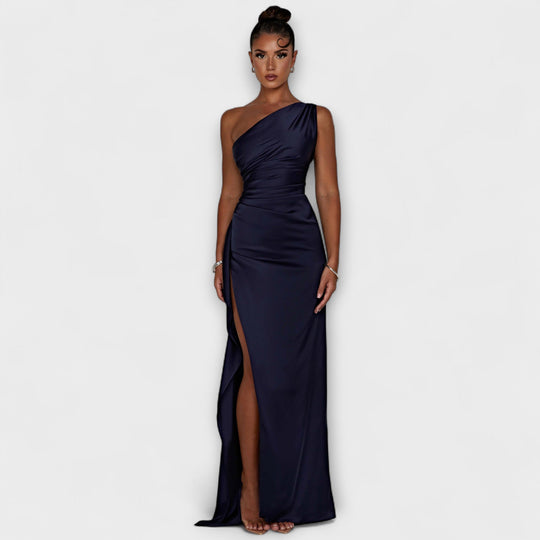 Serina – Asymmetrical Maxi Dress with Satin Sheen