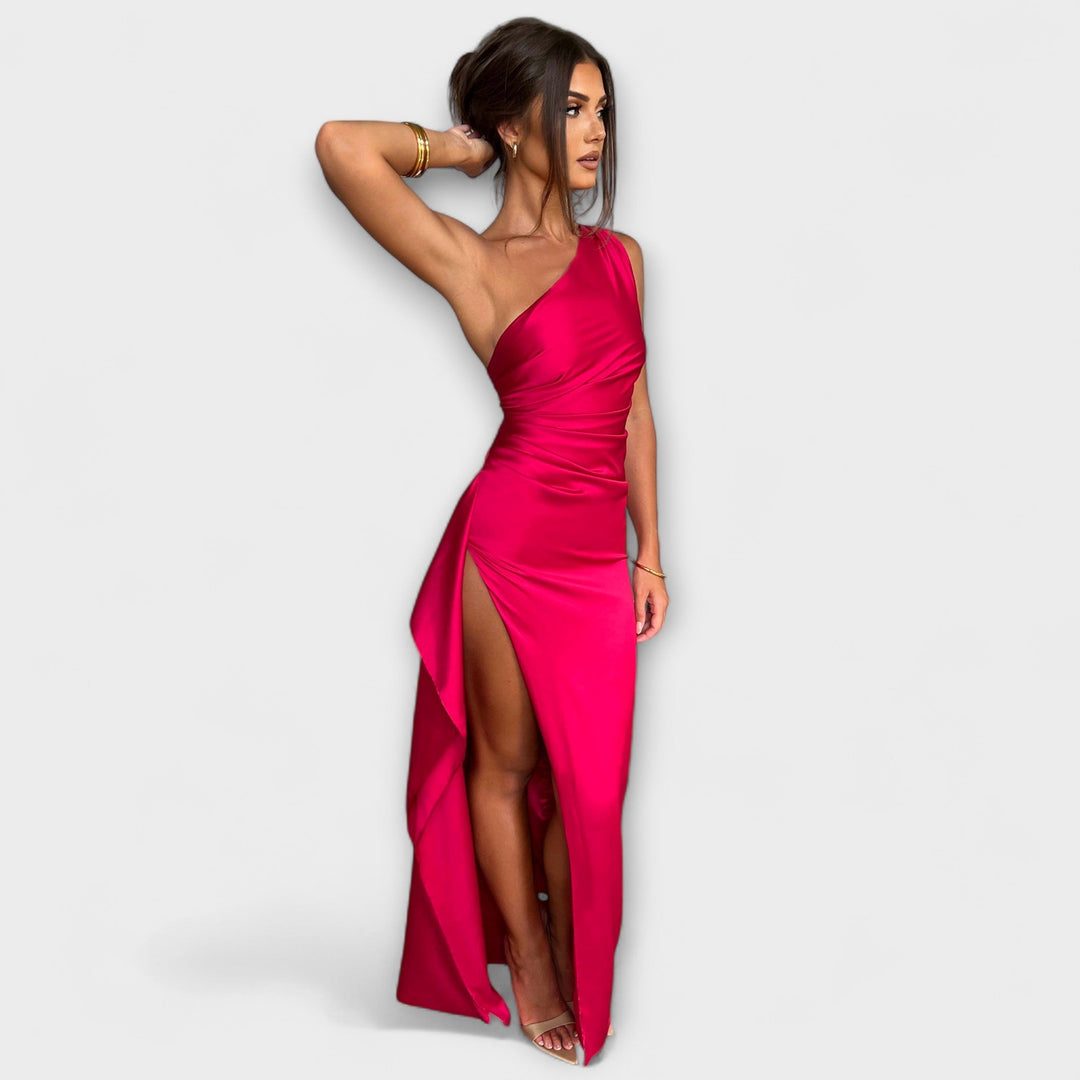 Serina – Asymmetrical Maxi Dress with Satin Sheen