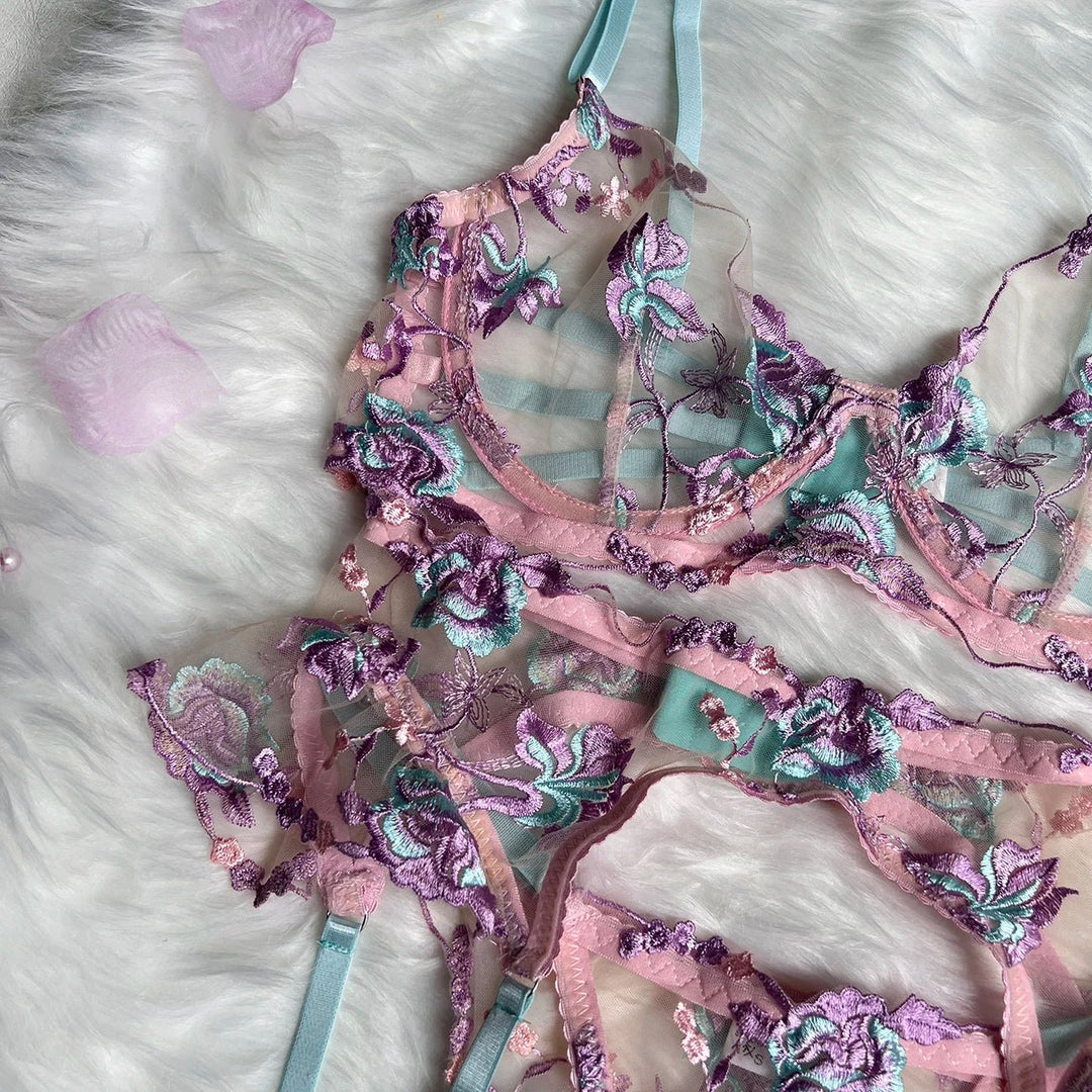 Elowen – Pastel Blossom Embroidered Lingerie Set for Women