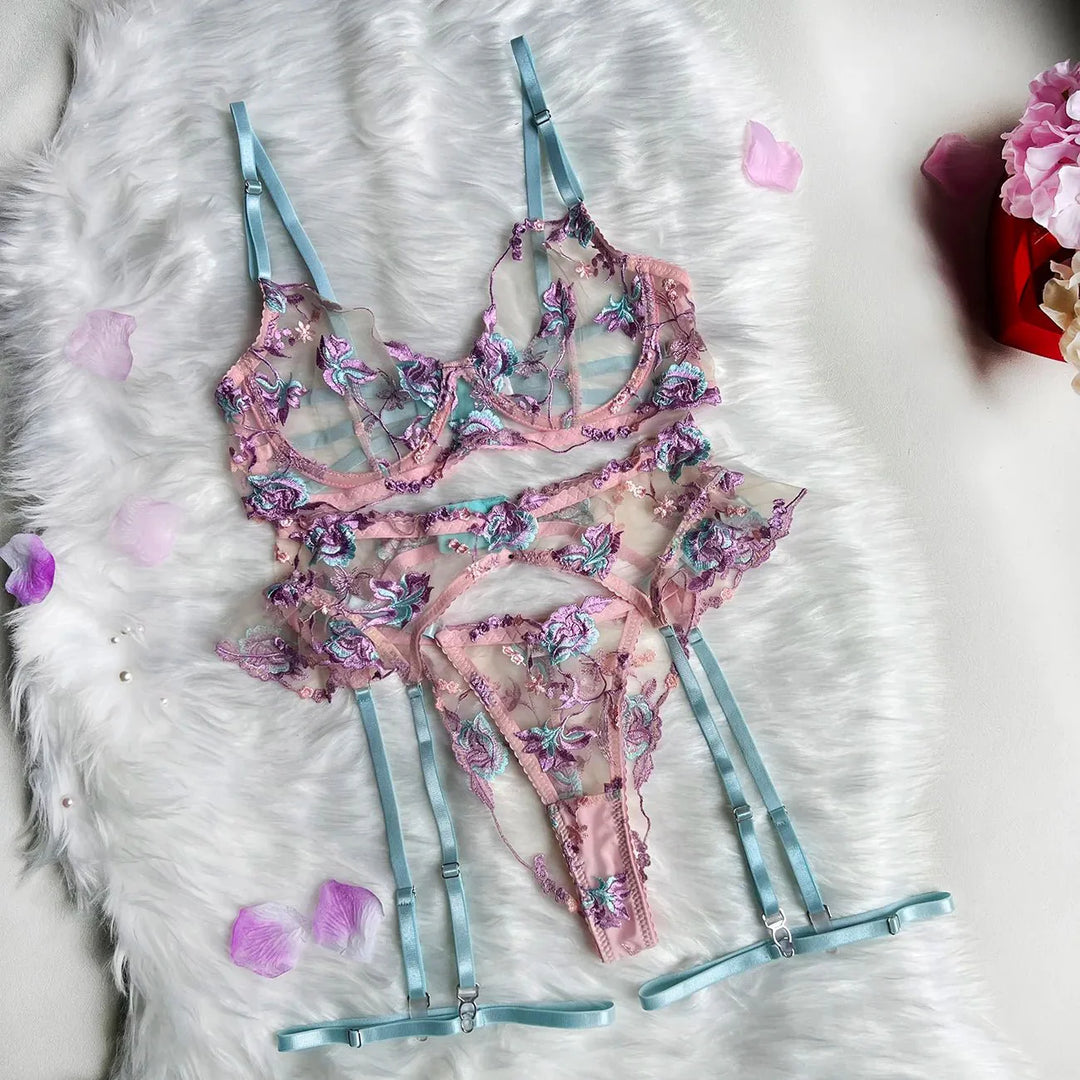 Elowen – Pastel Blossom Embroidered Lingerie Set for Women