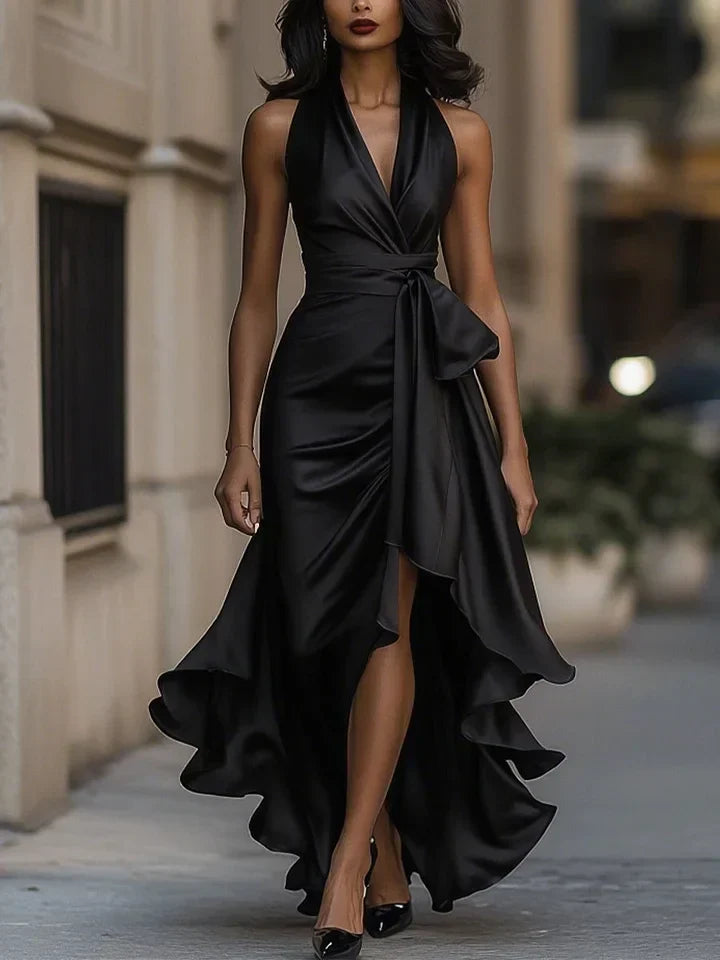 Darlene – Satin Halter Neck Ruffle Evening Gown for Women