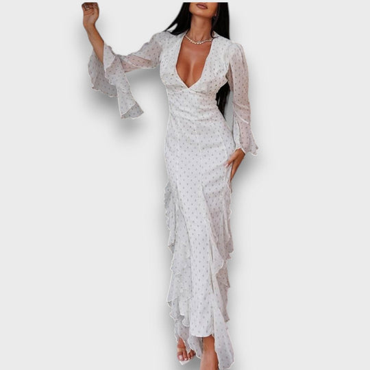 Avenea – Elegant Maxi Dress with Ruffles and V-Neck